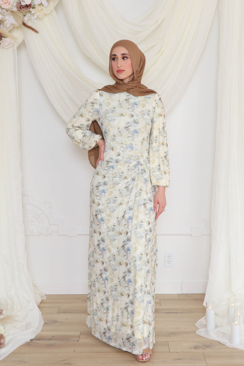 Hailey Mesh Print Dress- Cream/Blue