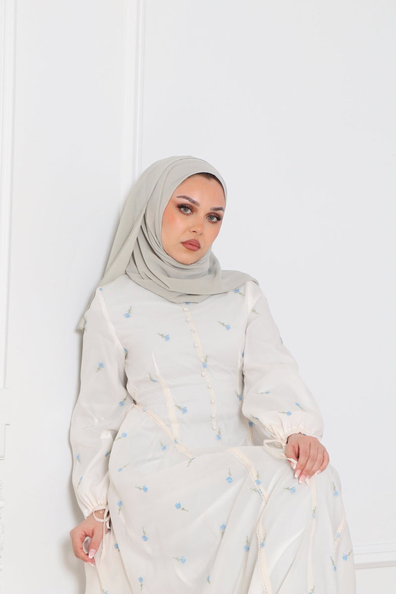 Serena Floral Embroidery Dress- Beige