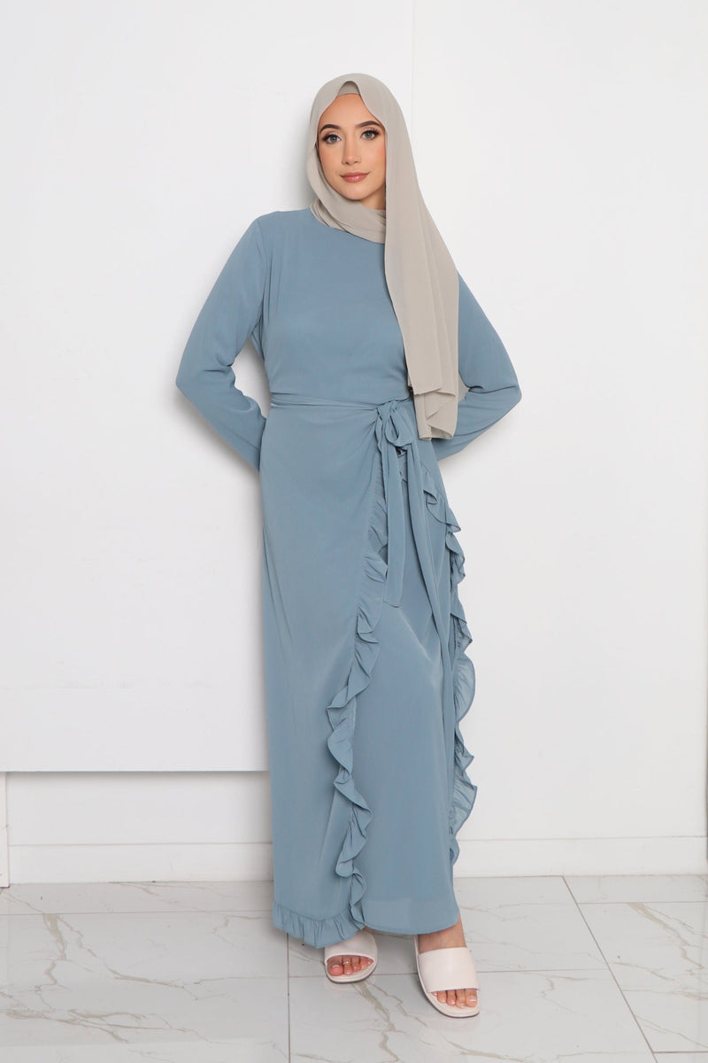 Dina Embroidery Abaya Set- Dusty Blue