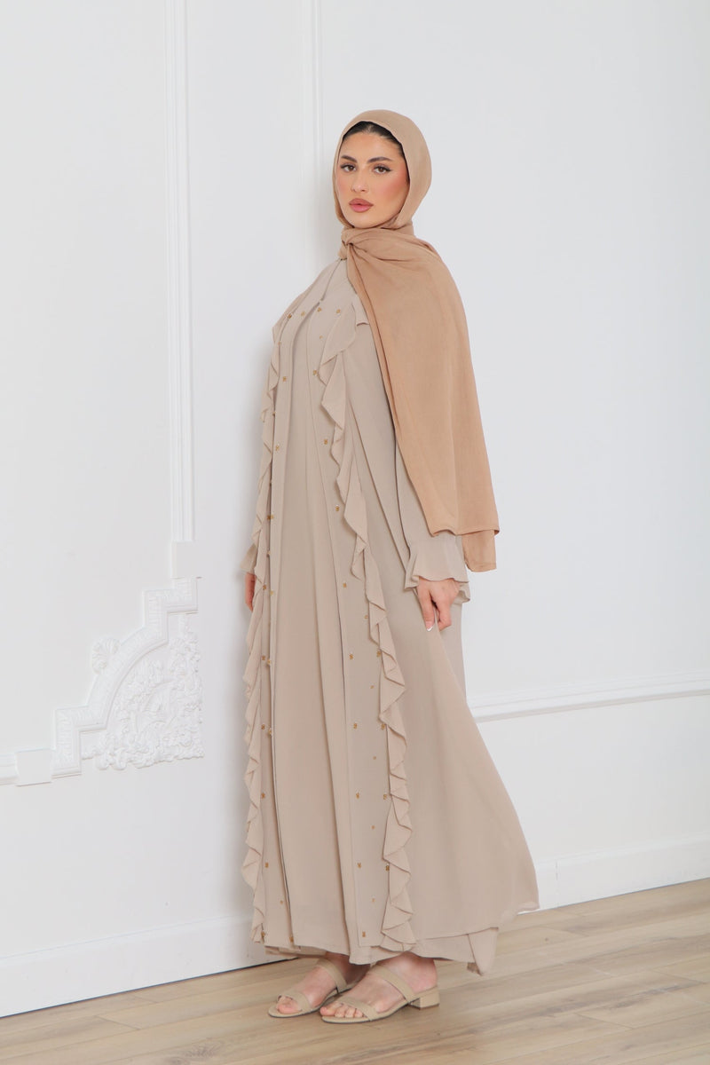 Lamya Beaded Chiffon Abaya Set- Sand