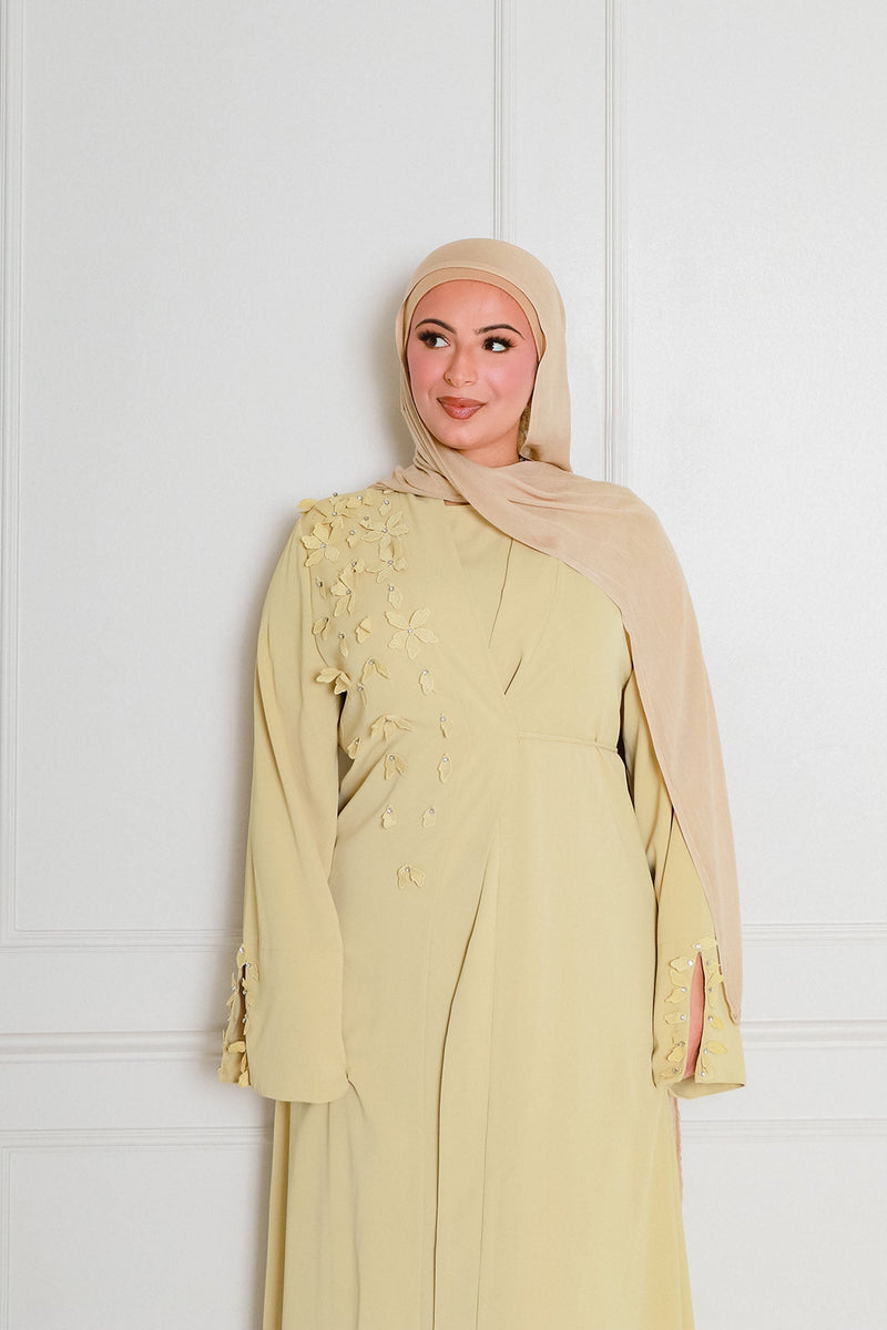 Lilian Embroidery Abaya Set- Butter Yellow