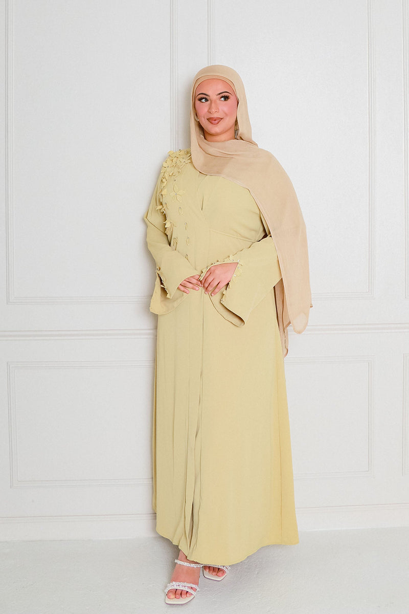 Lilian Embroidery Abaya Set- Butter Yellow