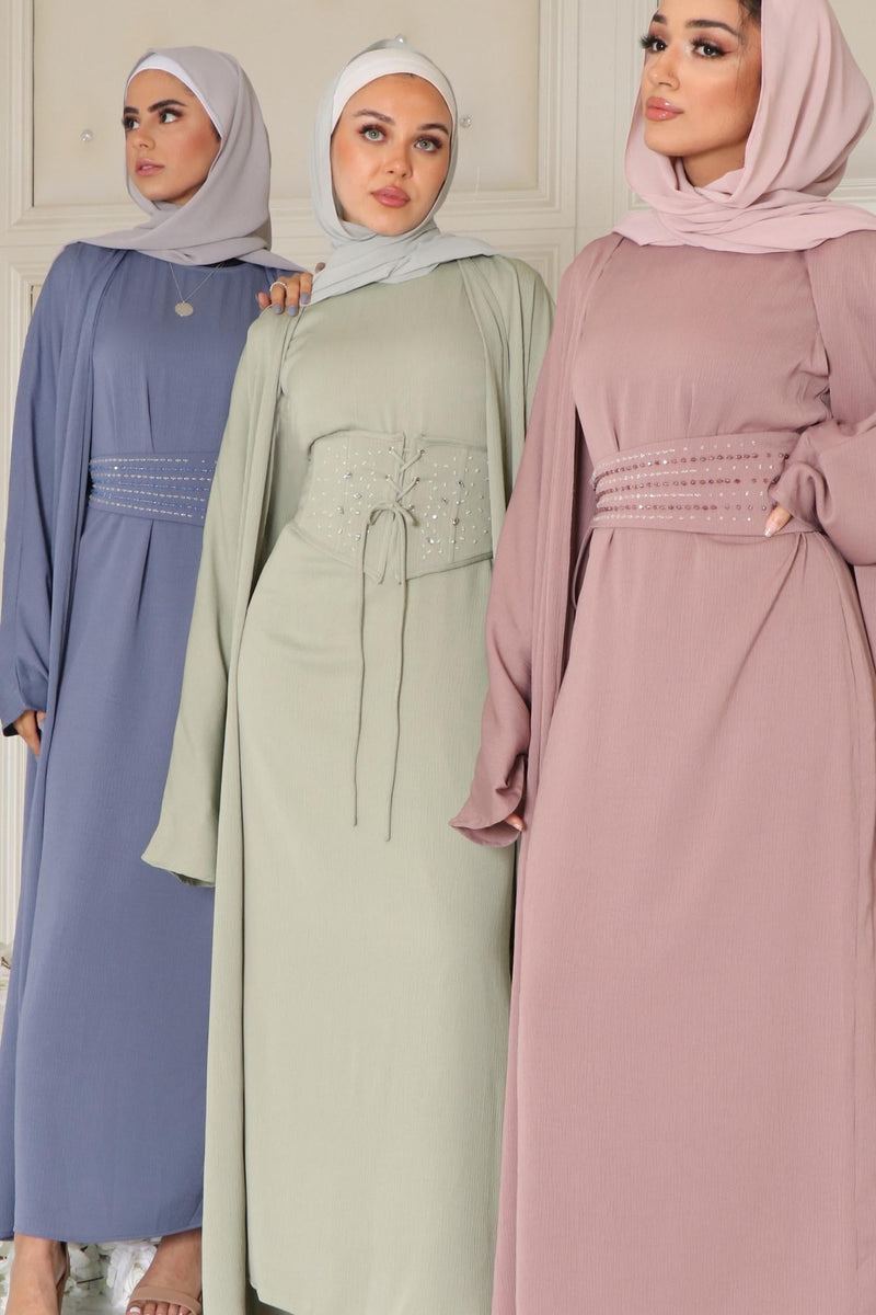 Elmas Textured Corset Abaya Set- Light Sage Green