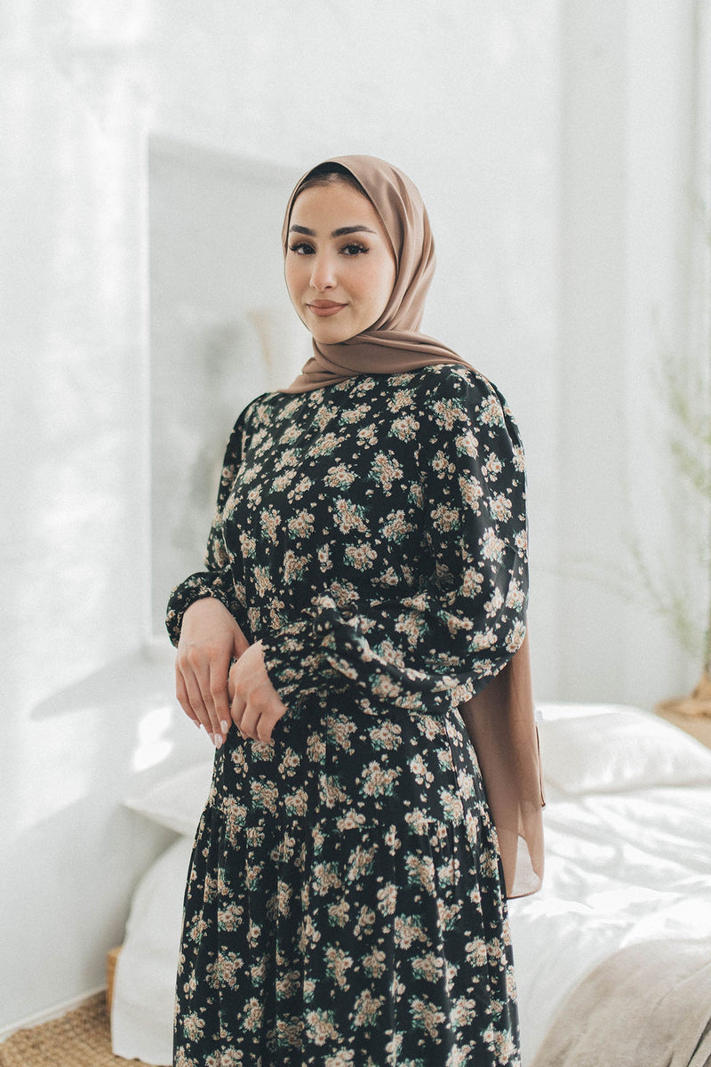 Nova Smock Floral Dress- Black & Beige