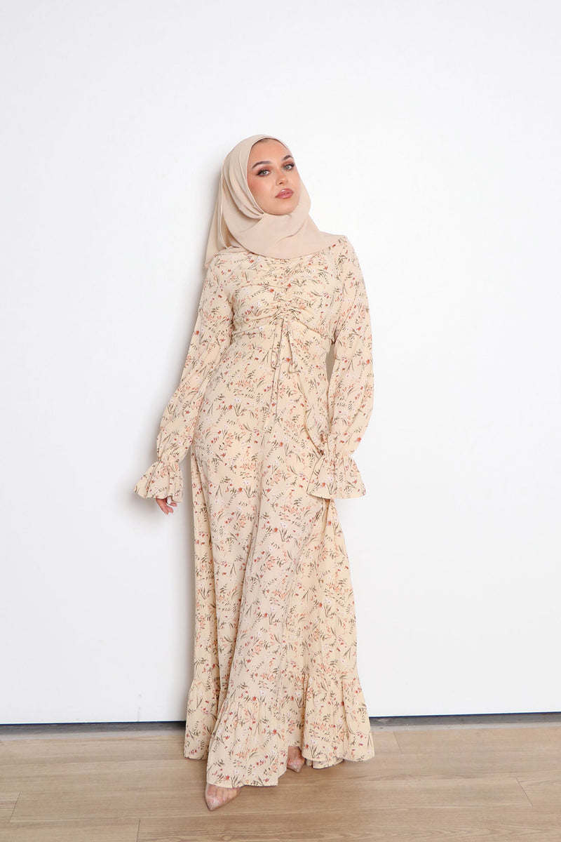 Evie Floral Ruched Dress- Cream