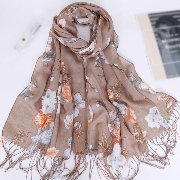Tan Floral Cotton Scarf (2176687669305)