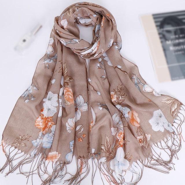Tan Floral Cotton Scarf (2176687669305)