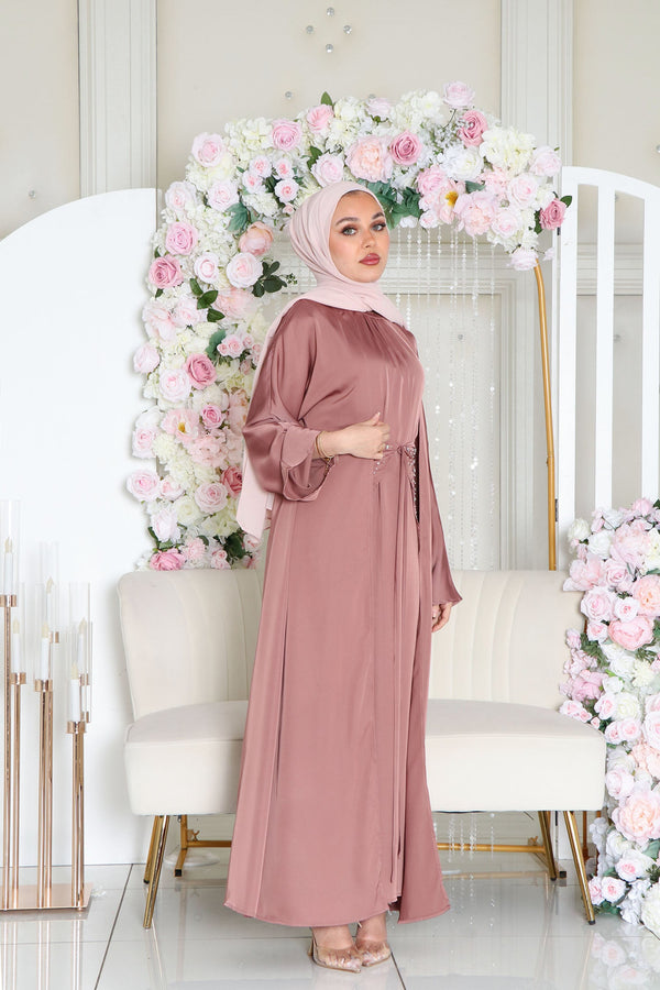 Aurora Beaded Tie Abaya Set- Nude Pink
